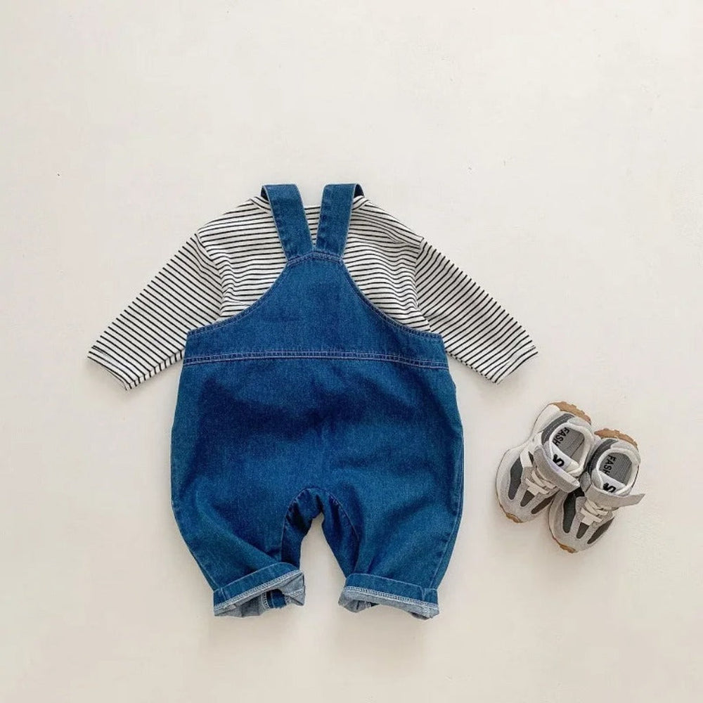 ! Denim Bear Baby Jumpsuit & Striped T-Shirt Set